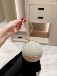 月光下的女神包女士閃亮圓球形手提包，鑲嵌鑽石手鐲手柄，晚宴/舞會/條約會/派對包，婚禮手拿包 - 金色 - 查看 3