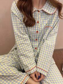 Women's Pyjama Set Yellow Blue Plaid Shirt And Pant - Multicolor - View 4