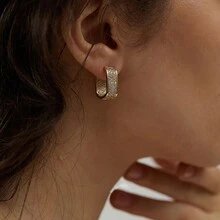 XUJIA 1 对矩形 6 毫米厚环形耳环，女士精致珠宝，手工制作，圣诞礼物，纯银莫桑石耳环，微镶 1.1 毫米圆形莫桑石珠宝礼物 - 金黃色 - 查看 7