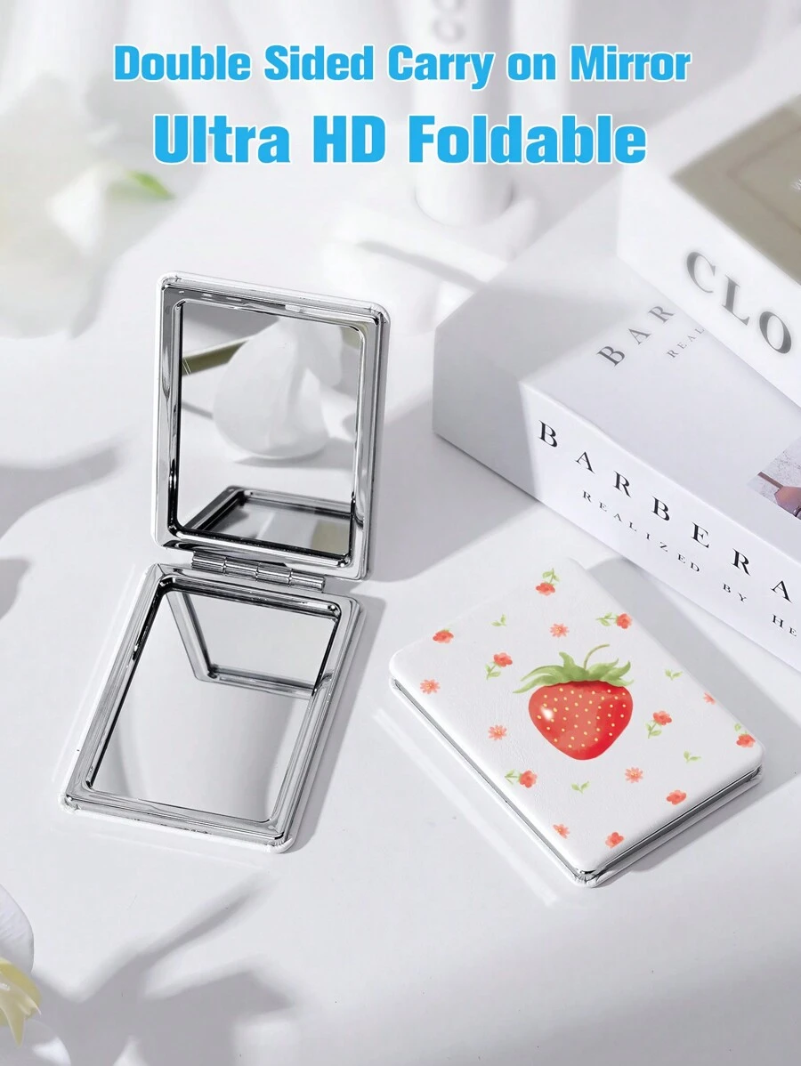 可折疊袖珍化妝鏡,1 件草莓圖案 8662 - 矩形雙面緊湊型化妝鏡,桌面鏡,女士和女孩便攜式旅行鏡,送給女士媽媽妻子姐妹青少年女朋友的禮物