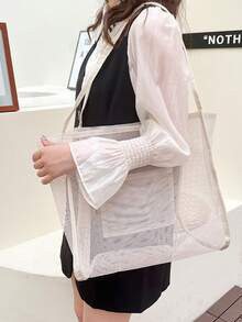 Yogodlns Large Capacity Ultra-light Mesh Beach Bag Shopping Tote Transparent Bag For Summer - Beige - View 4