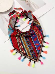 1入款波西米亞風格全花卉印花布頭巾,帶流蘇,適合女性懷舊多樣化髮飾