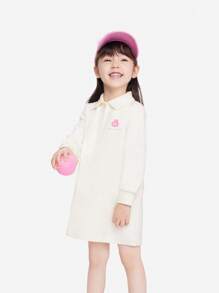 Annil Vestido blanco de manga larga A-línea y cuello polo suelto con estilo dulce para niñas en primavera y otoño - Blanco - Ver 1