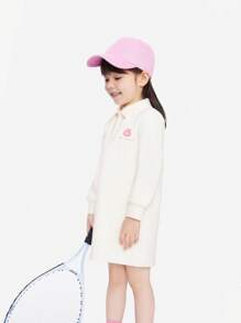 Annil Vestido blanco de manga larga A-línea y cuello polo suelto con estilo dulce para niñas en primavera y otoño - Blanco - Ver 2