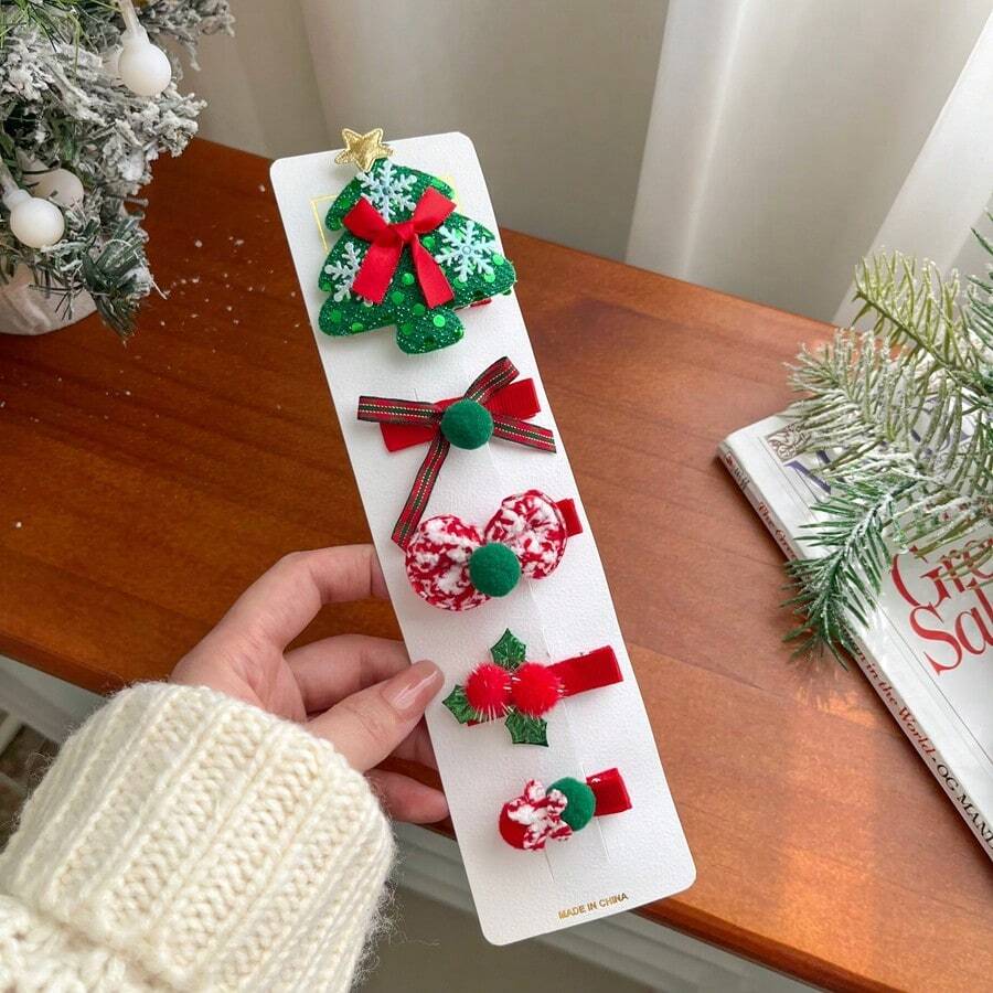 1套可愛甜美的聖誕樹和蝴蝶結髮夾,1包5個