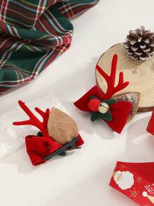 2入組女童紅色鹿角和金色鹿耳絨面綁帶裝飾,含鈴鐺,裝飾性聖誕節髮夾 - 彩色 - 查看 2