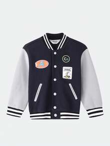 Annil 男童夾克棒球夾克，秋冬時尚對比色立領通用上衣 - 寶藍色 - 查看 1