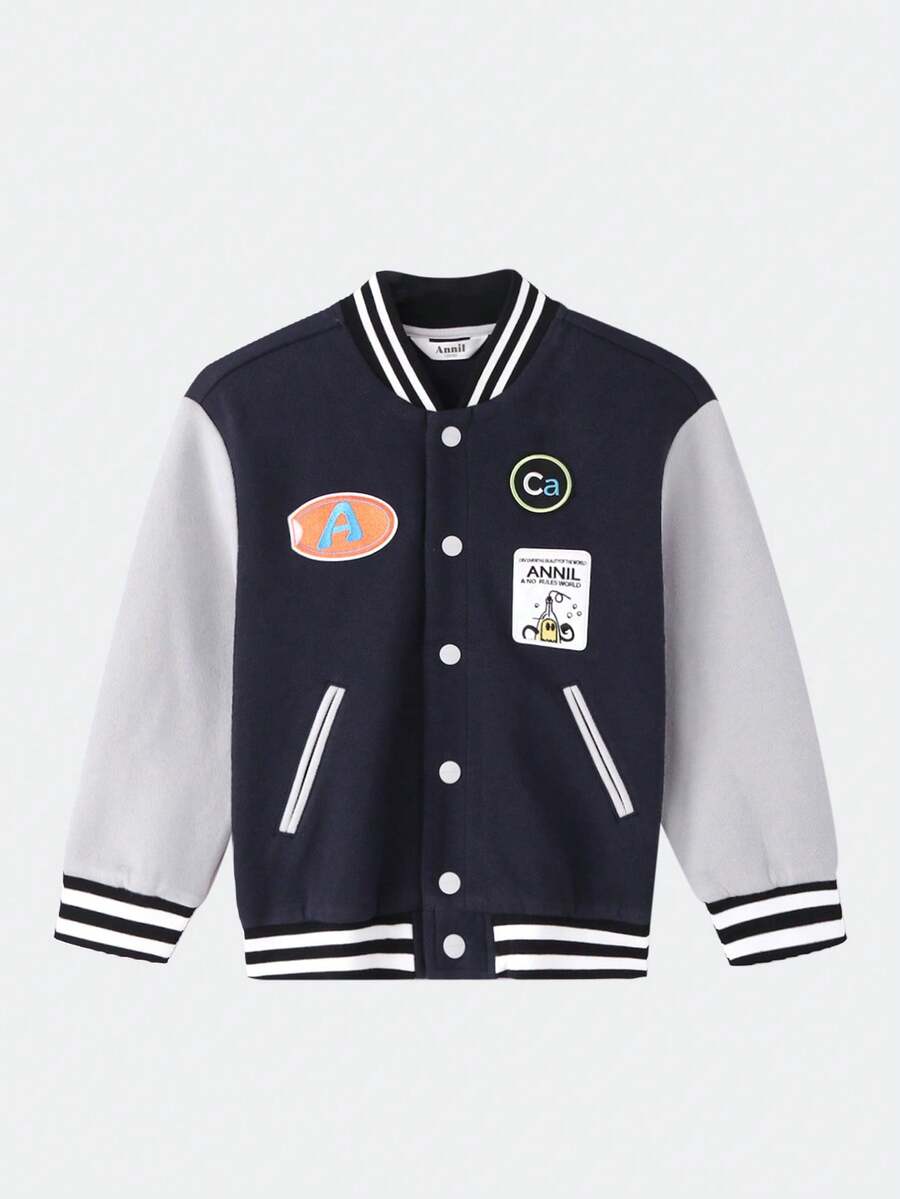 Annil 男童夾克棒球夾克，秋冬時尚對比色立領通用上衣 - 寶藍色 - 查看 1