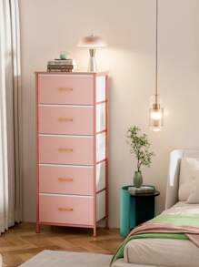 GINRGINR 5 Drawer Dresser For Bedroom Dresser, 5 Tall Fabric Clothes Cabinet Storage Organizers, Wood Top Dressers & Chests Of Drawers, Fabric Dresser, Storage Organizer Unit With Fabric, Sturdy Metal Frame, Wood Tabletop, Easy Pull Handle, White, Pink, Black, Rustic Black, Rustic Brown, Farmhouse Style, 11.8"D X 17.7"W X 44.1"H - 粉色 - 查看 2