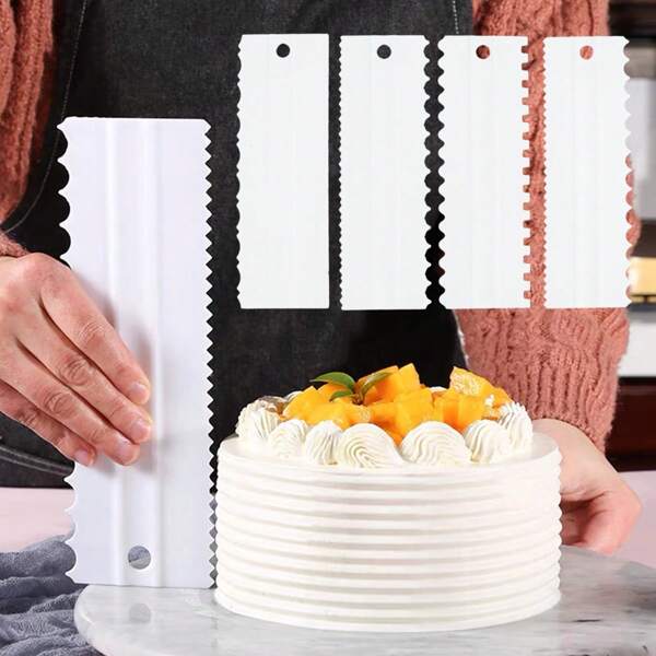 4pcs Ciasto Komplety Biżuterii Dekoracyjna Grzebień I Wygładzacz Do Lukru , Plastikowy Skrobak Masło Mus Krem Ciasto Krawędź Narzędzia DIY -8 Projekt