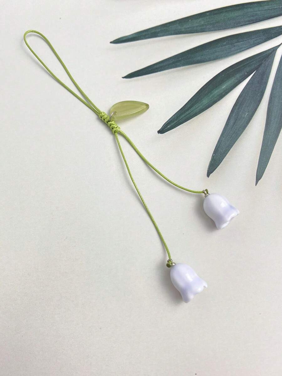 陶瓷铃兰花钥匙扣，可定制短绳，适用于手机 - 藍色 - 查看 1
