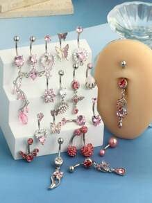 1 件 14G 肚脐环吊坠可爱粉色肚脐首饰心形透明 CZ 蝴蝶肚脐环女士肚脐穿孔棒套装情人节、妈妈、母亲、母亲节、礼物