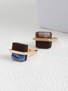 1pc Resin Wood & Metal Gold Square Ring For Daily Wear - Brown - View 1