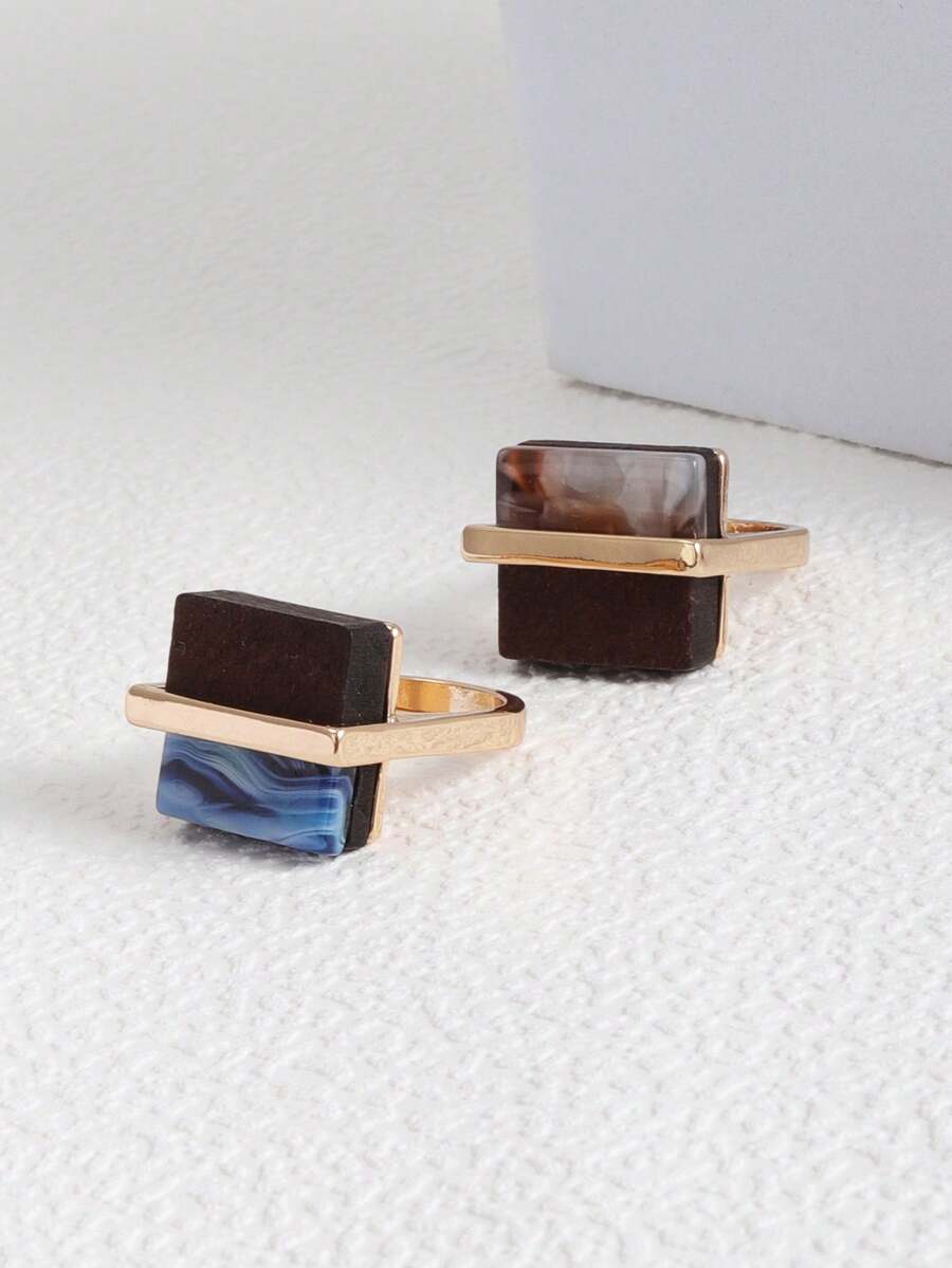 1pc Resin Wood & Metal Gold Square Ring For Daily Wear - Brown - View 1