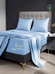 Bamboo Bed Sheets Set 4 Piece, 1800 Thread Count Super Silky Soft Sheet, 16 Inch Deep Pocket Breathable Sheet Set, Machine Washable- King/Queen - Lake Blue - View 5