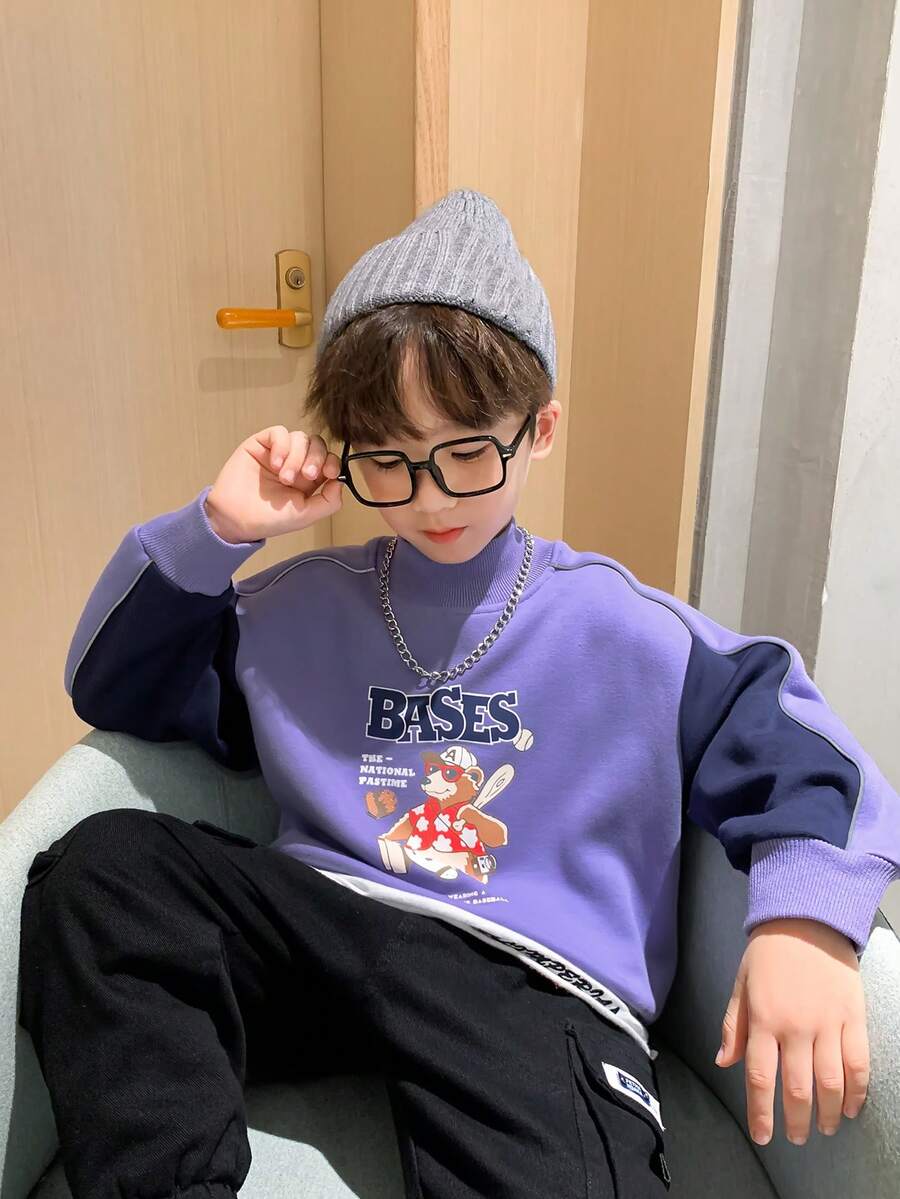 Young Boy Letter & Cartoon Graphic Mock Neck Drop Shoulder Pullover - Mauve Purple - View 1