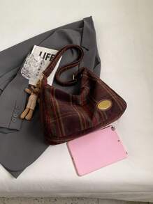 Plaid Block Large Capacity Women's Shoulder Bag Crossbody Bag Tote Bag , Office Bag - Burgundy - View 6