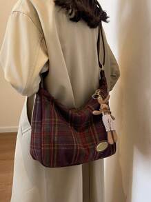 Plaid Block Large Capacity Women's Shoulder Bag Crossbody Bag Tote Bag , Office Bag - Burgundy - View 5