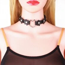 1pc Gothic Choker Collar Necklace With Pu Leather Strap And Metal Chain Design - Flower love necklace - View 3