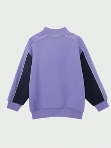 Young Boy Letter & Cartoon Graphic Mock Neck Drop Shoulder Pullover - Mauve Purple - View 2