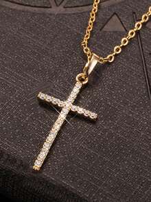 1pc Concise Gold-colored Rhinestone Decor Cross Pendant Necklace For Men With Gift Box, Ideal For Boyfriend Gift - Gold - View 4