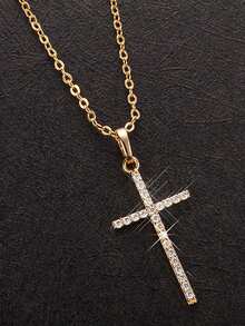 1pc Concise Gold-colored Rhinestone Decor Cross Pendant Necklace For Men With Gift Box, Ideal For Boyfriend Gift - Gold - View 5