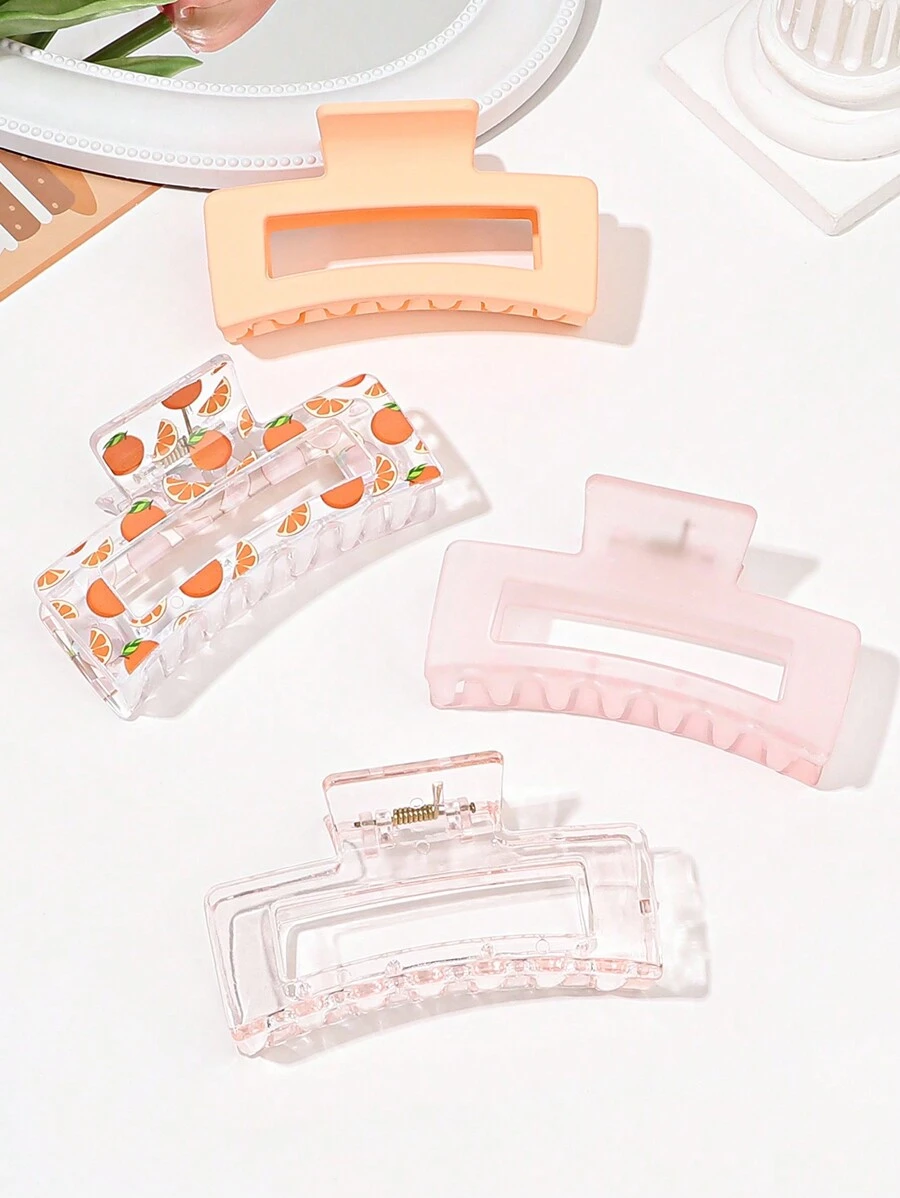 1pc/4pcs Set Orange Matte Jelly Transparent Fruit Orange Printed Square Hair Clip Cute Fresh Sweet Girl Hairpiece,Hair Accessories,Hair Claw,Claw Clips,Hair Clutch,Hair Jaw Clip, Casual Fall Winter For Vacation Outfits Woman
