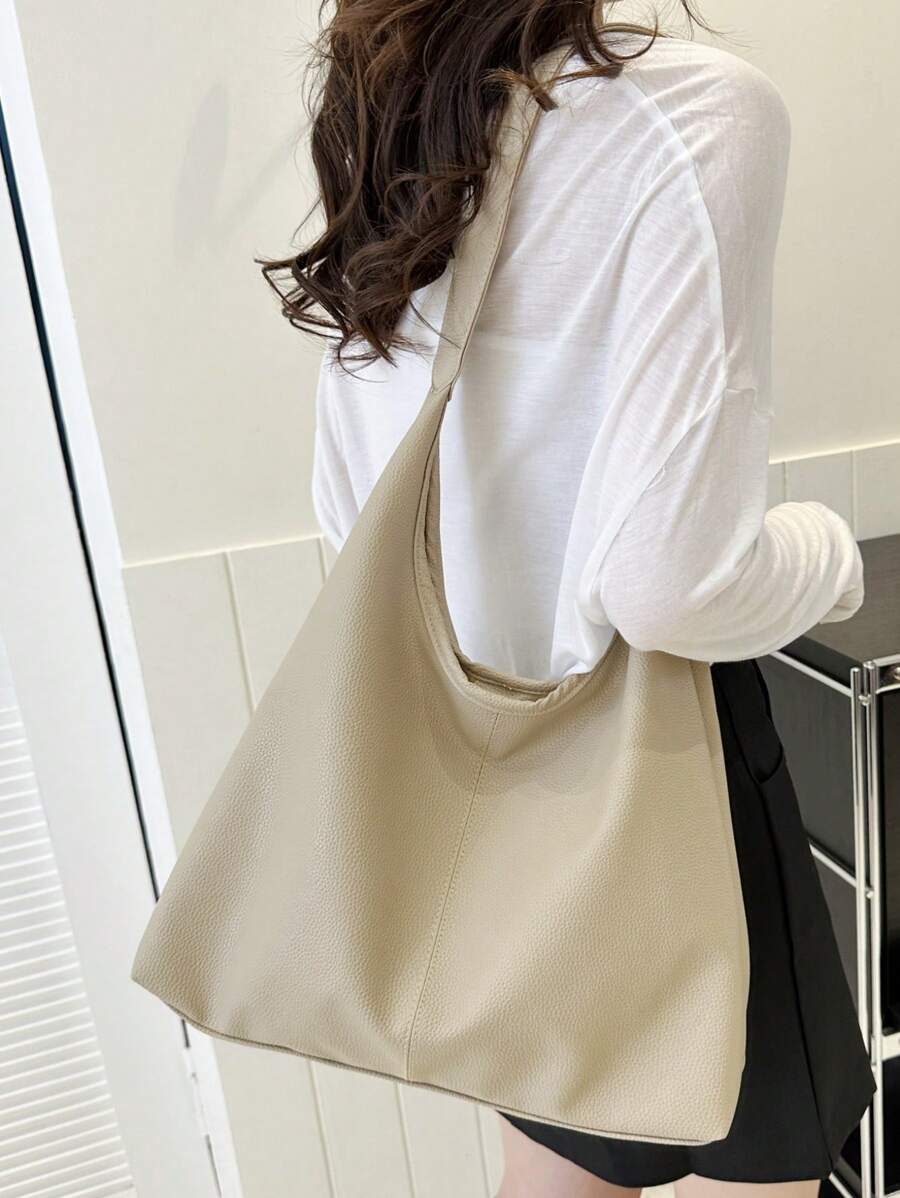 咖啡色/黑色纯色 PU 大容量磁性休闲时尚单肩手提包适合女生日常使用单肩手提包 - 卡其色 - 查看 1