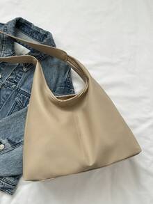 咖啡色/黑色纯色 PU 大容量磁性休闲时尚单肩手提包适合女生日常使用单肩手提包 - 卡其色 - 查看 8