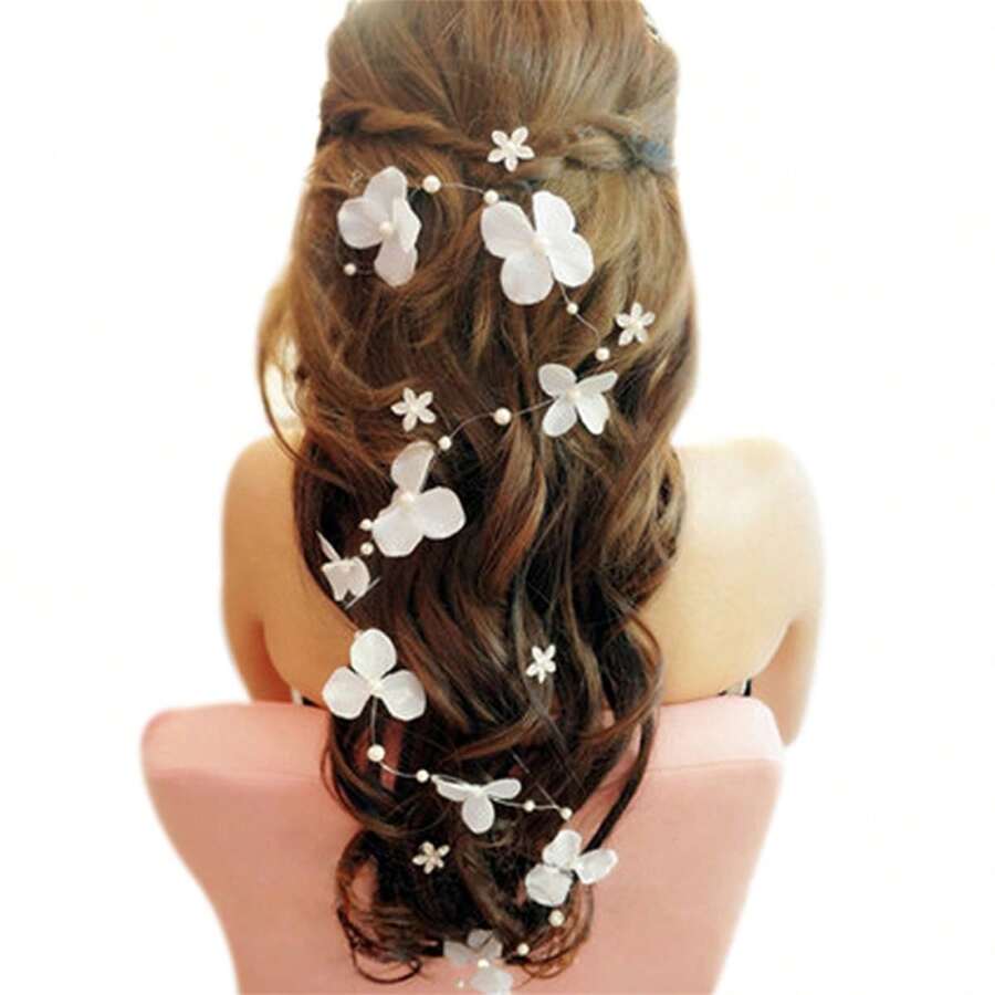 1入組女士女孩花朵仿珍珠頭箍髮藤頭飾，婚禮髮型