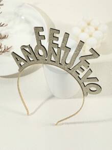 西班牙新年髮飾:黃金極簡主義雙面亮片“新年快樂”字母髮箍 1入組 - 金色 - 查看 2