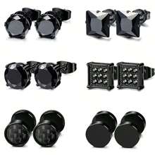 6對黑色耳釘套裝,男女通用杠鈴耳釘,不鏽鋼耳針,圓形假插頭耳環,仿螺紋花鼓穴 - 黑色 - 查看 7