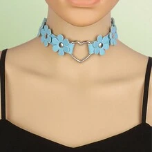 1pc Gothic Choker Collar Necklace With Pu Leather Strap And Metal Chain Design - Flower love necklace - View 15