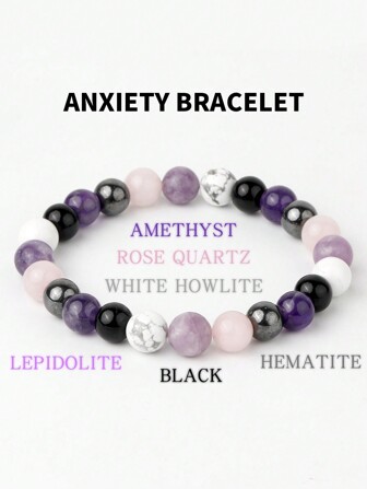 YAUKIA 1pc Handmade Natural Stone Round Bead Bracelet With Black Agate, Rose Quartz, Lithium Mica, Howlite, Hematite, Used For Anxiety Relief, Stress Reduction, Yoga Accessory And Gift