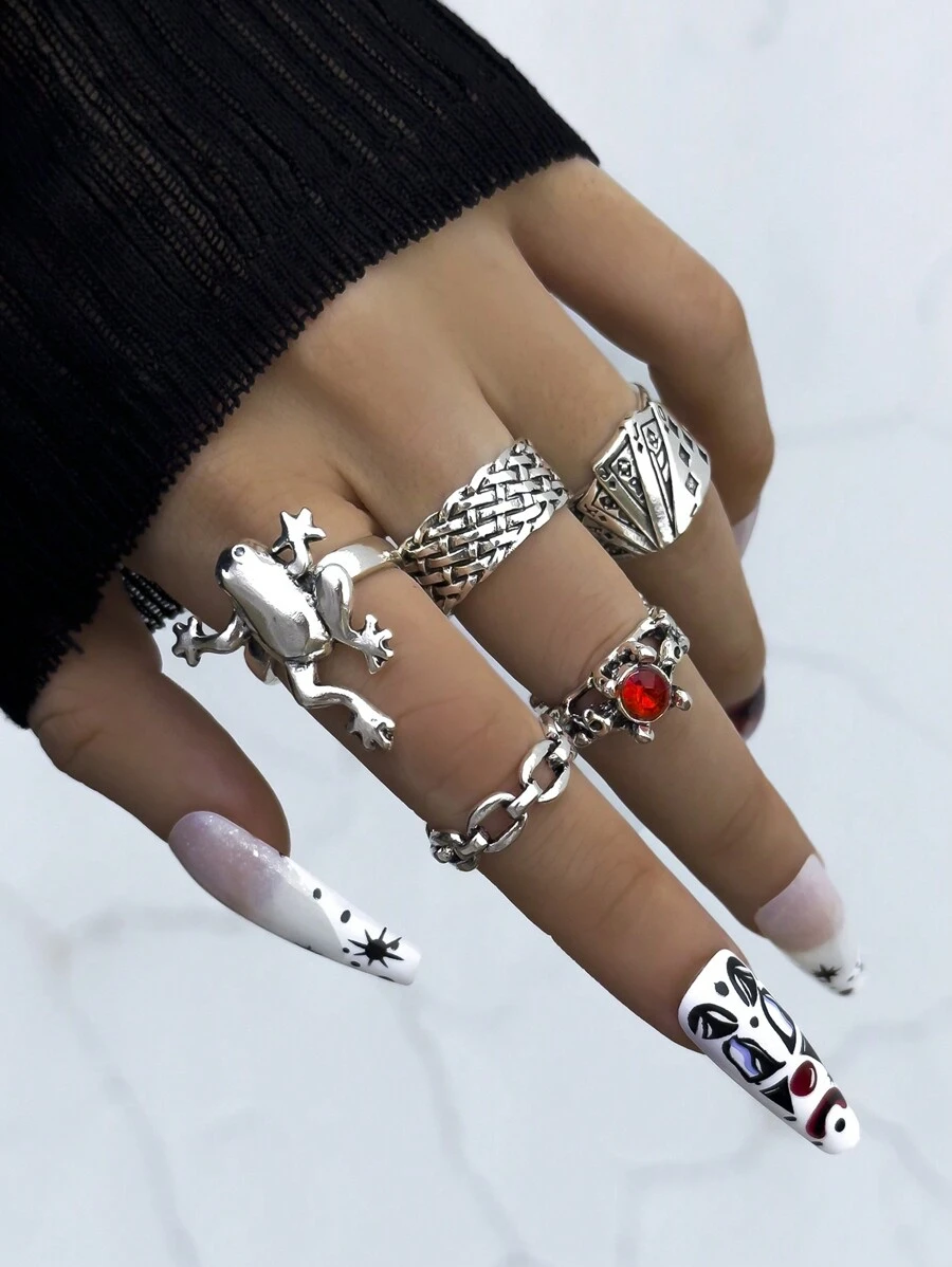 5 枚/套龐克青蛙形狀寶石和撲克牌設計戒指套裝,適合女性日常佩戴