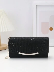 褶皺亮粉門襟金屬鏈手拿包,優雅紋理閃爍閃亮錢包,舞會晚宴黑色晚宴包 - 黑色 - 查看 1