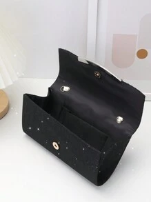 褶皺亮粉門襟金屬鏈手拿包,優雅紋理閃爍閃亮錢包,舞會晚宴黑色晚宴包 - 黑色 - 查看 4