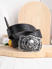 Unisex Black PU Leather Belt With Blue Sapphire Print Buckle, Western Cowboy Style Suitable For Daily Wear With Jeans - Black - View 5