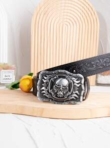 Unisex Black PU Leather Belt With Blue Sapphire Print Buckle, Western Cowboy Style Suitable For Daily Wear With Jeans - Black - View 4
