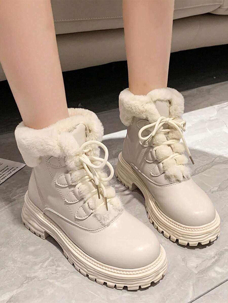 女性短筒厚底雪靴,高跟系帶,冬季時尚,白色 - 米色 - 查看 1