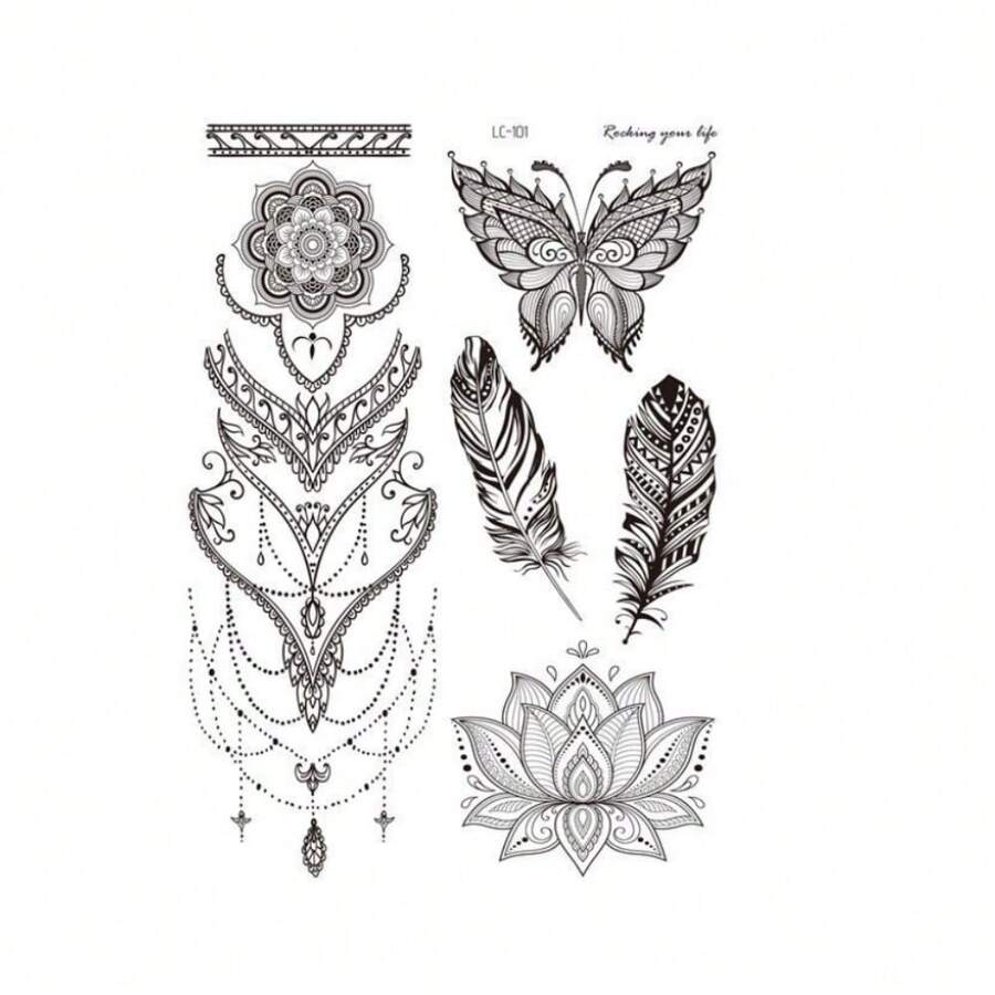 1張黑色羽毛曼陀羅花紋紋身貼紙，適用於成年女性和女孩的身體藝術花邊曼陀羅臂紋身 - 黑色 - 查看 1