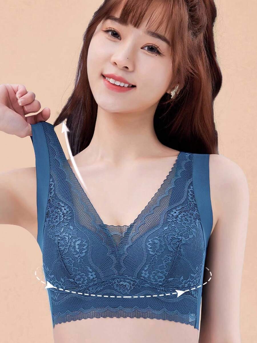 Women's Lace Bra Comfortable Wide Straps Wireless Sexy Everyday Wear | U-Back Bralette, Wireless Underwear, Seamless Sexy Lingerie, Comfortable, Thin Top - Blue - View 1