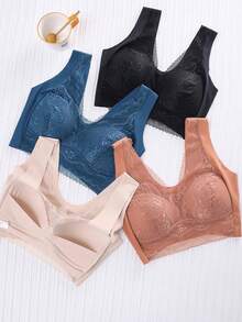 Women's Lace Bra Comfortable Wide Straps Wireless Sexy Everyday Wear | U-Back Bralette, Wireless Underwear, Seamless Sexy Lingerie, Comfortable, Thin Top - Blue - View 5