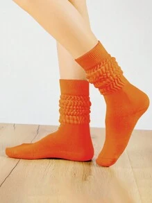 1雙女純色時尚泡泡襪,舒適透氣及膝高襪,歐美風格,休閒百搭