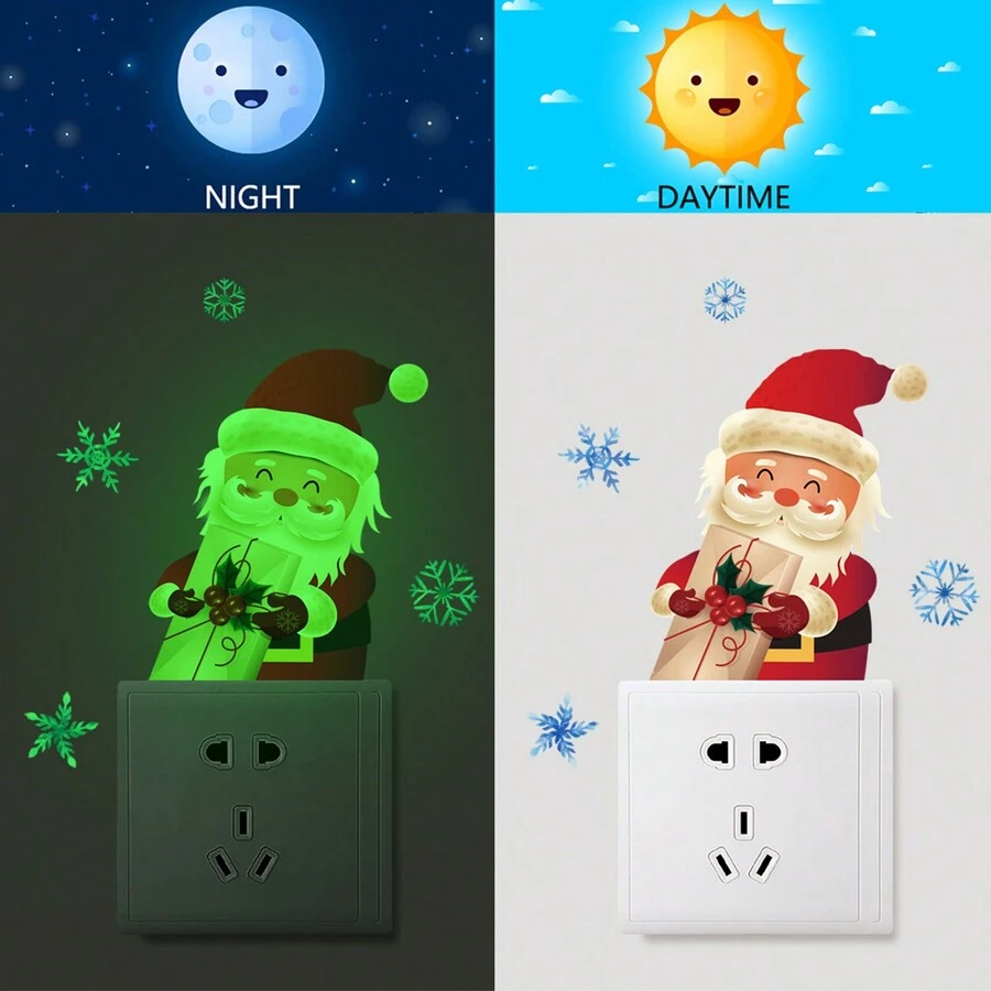 聖誕節發光貼紙,聖誕老人開關貼紙,自粘聖誕裝飾,適用於客廳、臥室,發光牆貼
