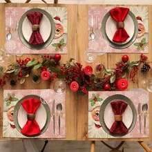 4 件装 圣诞亚麻餐垫 圣诞主题餐垫 圣诞老人雪花图案粉色隔热垫 厨房装饰桌垫 西餐桌垫 圣诞装饰 餐桌装饰 万圣节 万圣节装饰 - 粉色 - 查看 4