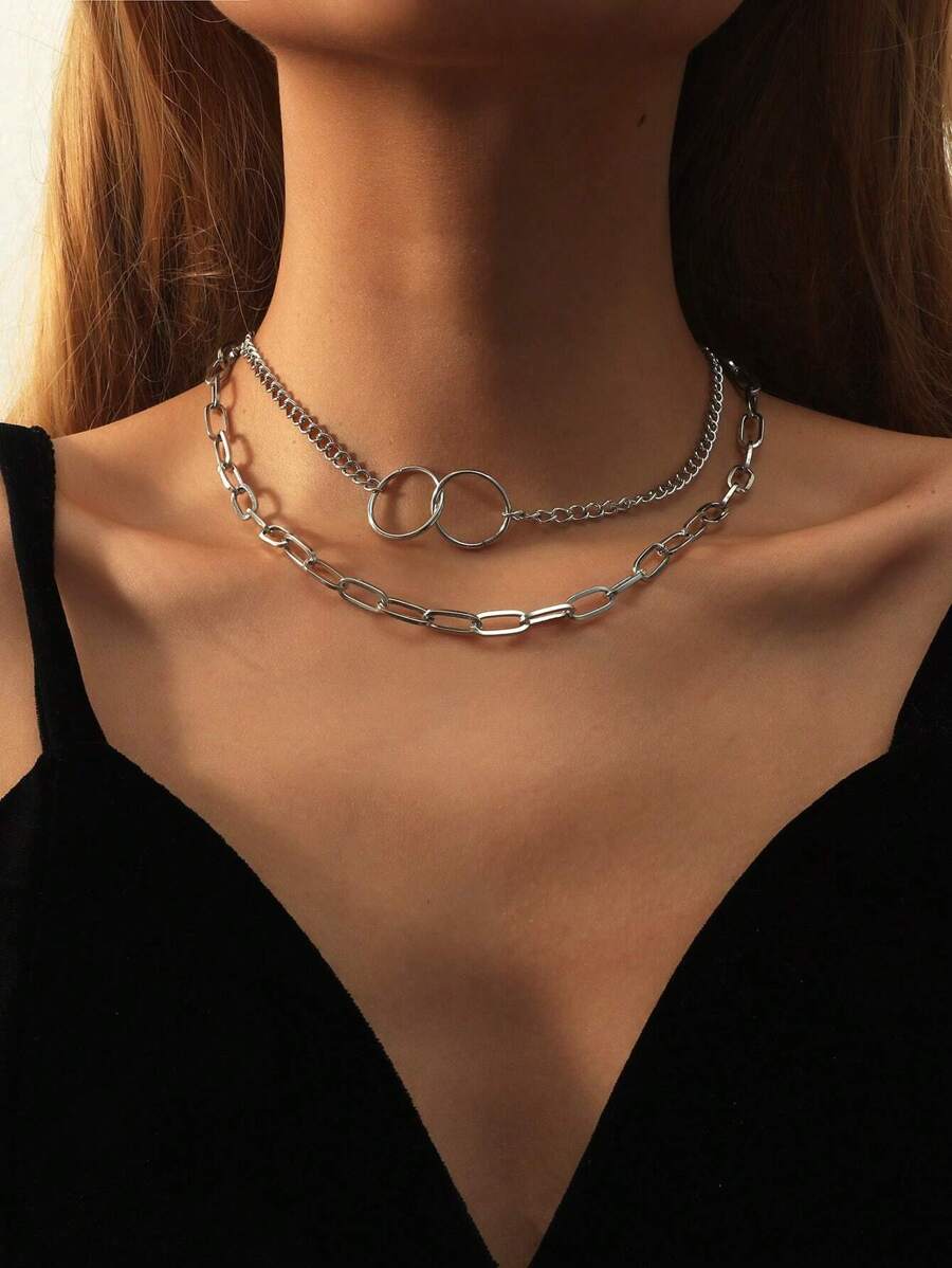 1 Miếng Nhẫn trang trí Vòng cổ nhiều lớp - Bạc - Xem 1