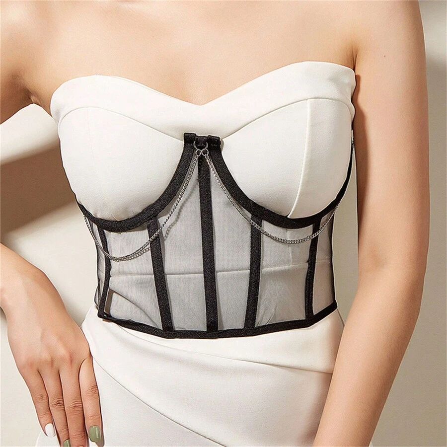 1pc Mesh Patchwork Chain Sexy Bustier Crop Top With Underwired Halter Tie Waist Camisole, Suitable For Party, Banquet, Nightclub In Springwomen Corset Belt Accessories For Ladies For Dress Goth Punk Chain Decor Black Belt Women Corset Belt For Dress,Waist Trainer Waist-Shaping For Waist Slimming And Tummy Control Halloween Costume - Black - View 1