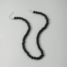 1條男士簡約黑色人造珍珠項鍊 - 黑色 - 查看 3