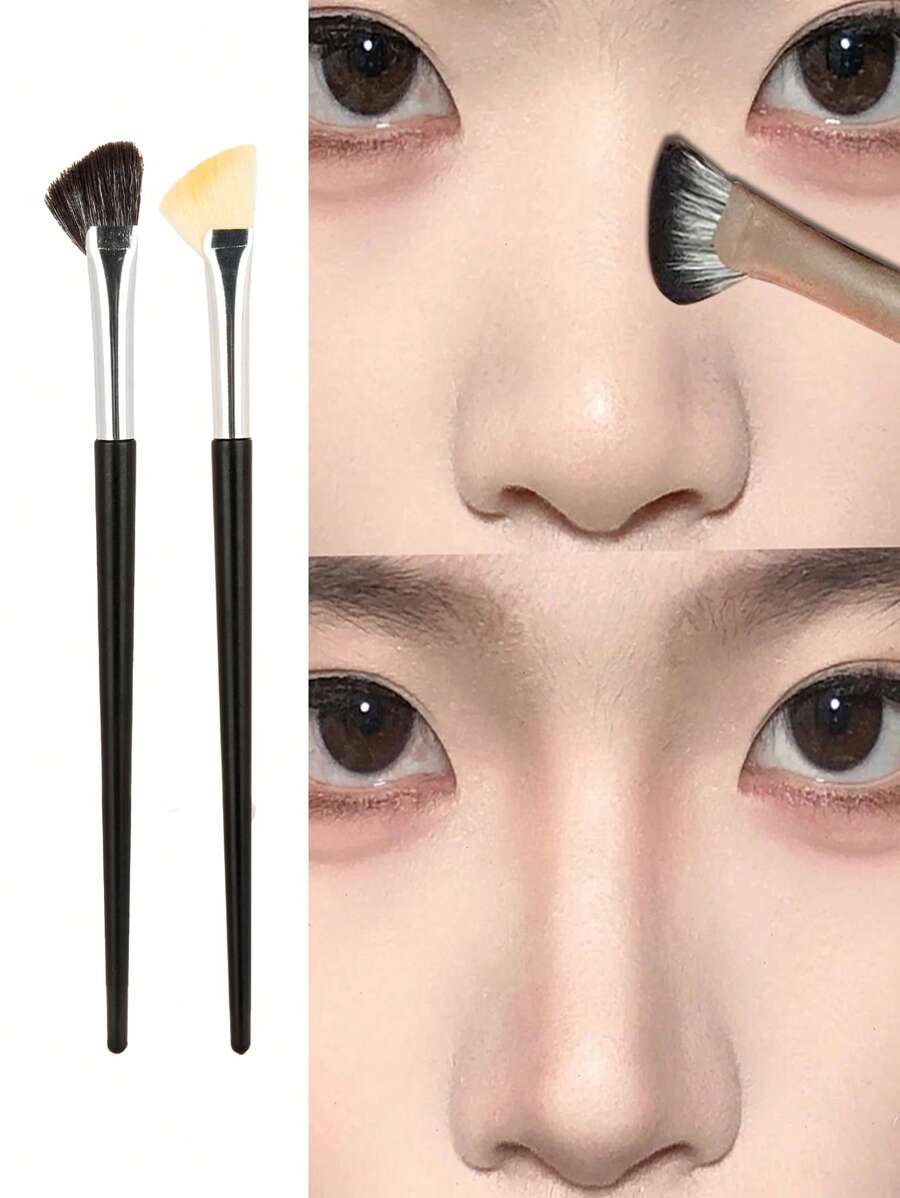 2支半扇形鼻影刷，便携式软毛斜角刷，用于鼻部轮廓修饰和腮红，专业化妆工具，粉底刷，遮瑕刷，腮红刷，轮廓刷，腮红刷，修容刷，散粉刷，粉底刷，腮红刷，赠品 - 黑色 - 查看 1